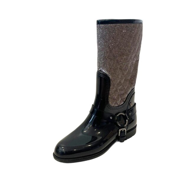 Stuart Weitzman 40/9.5 Quilted Metallic Rain Boots Black Faux Fur Lined - Picture 2 of 13